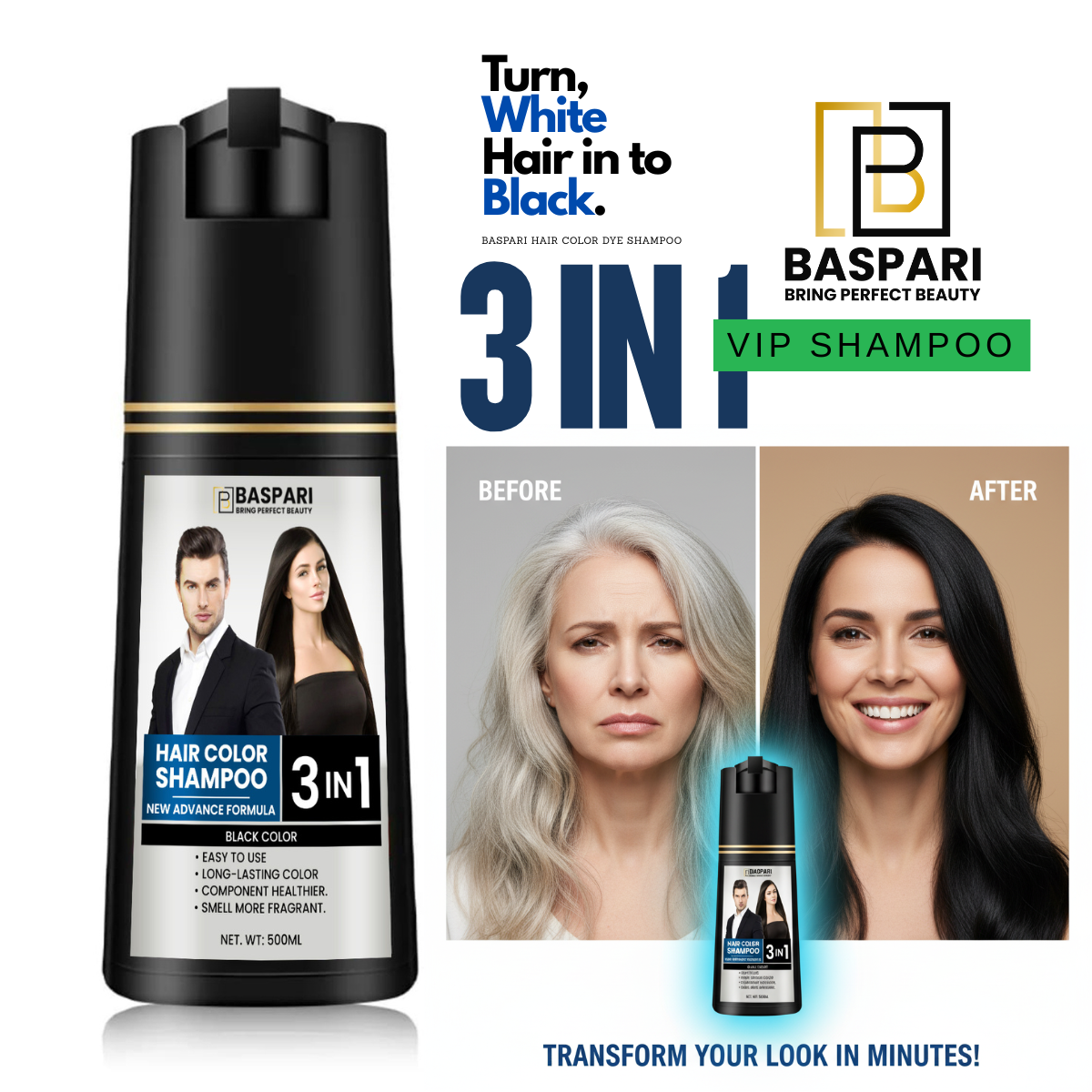 Baspari 3-in-1 Hair Color Dye Shampoo | Turns Grey to Black in 5 Minutes | Ammonia-Free | Shampoo + Color + Conditioner | Long-Lasting Natural Black | Easy Home Hair Dye for Men & Women (500ml)
