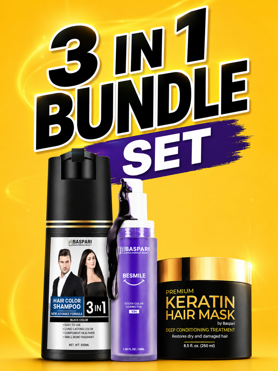 Baspari 3 in 1 Bundle Set | Hair Color, Keratin Mask & V34 Tooth Corrector