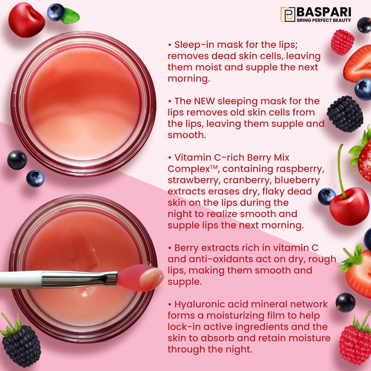 Baspari Lip Sleeping Mask- for Nourished, Plump & Glowing Lips | with Berry