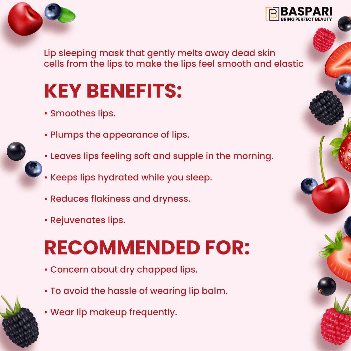 Baspari Lip Sleeping Mask- for Nourished, Plump & Glowing Lips | with Berry