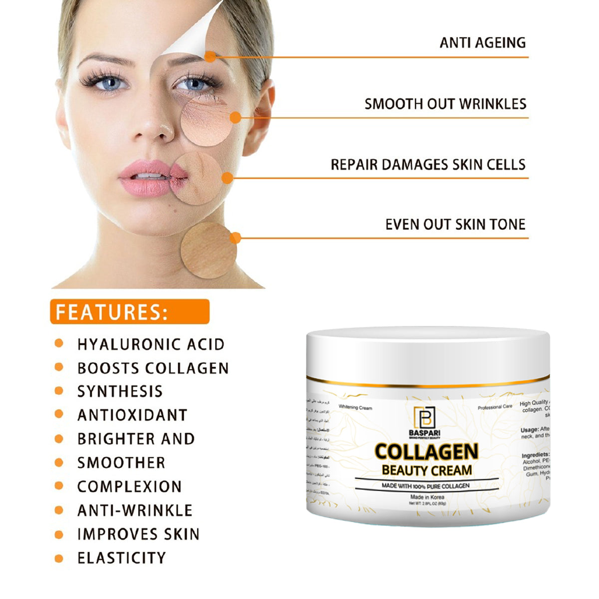 Baspari Pure Collagen Cream-Moisturizer Face & Body Skin Care Anti Aging Wrinkle Reducing Cream.