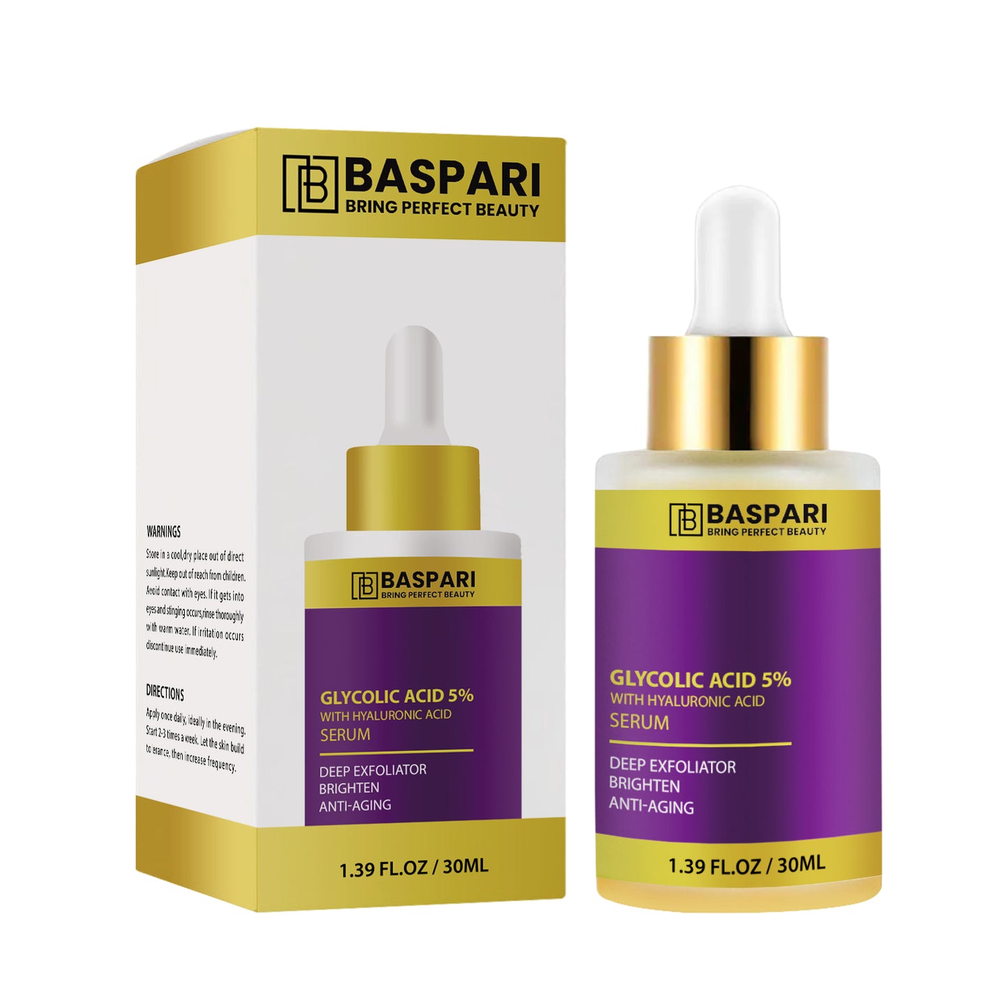 Baspari Glycolic Acid Serum 5% with Hyaluronic Acid Serum | Bright & Anti Dark Spot Face Serum, Instant Glow 30ml