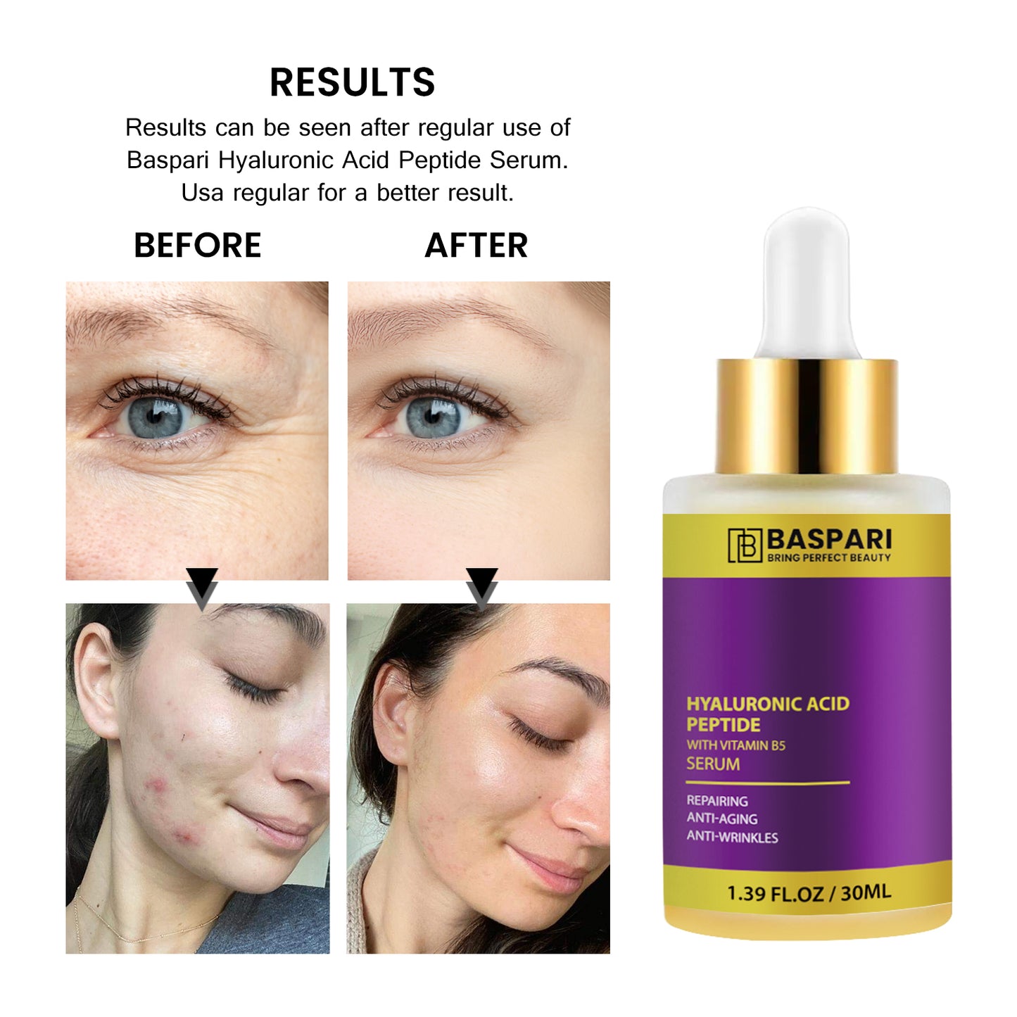 Baspari Hyaluronic Acid with Peptid Serum- Hydrating Serum to Plump and Smooth Skin for All Skin Types,30ml