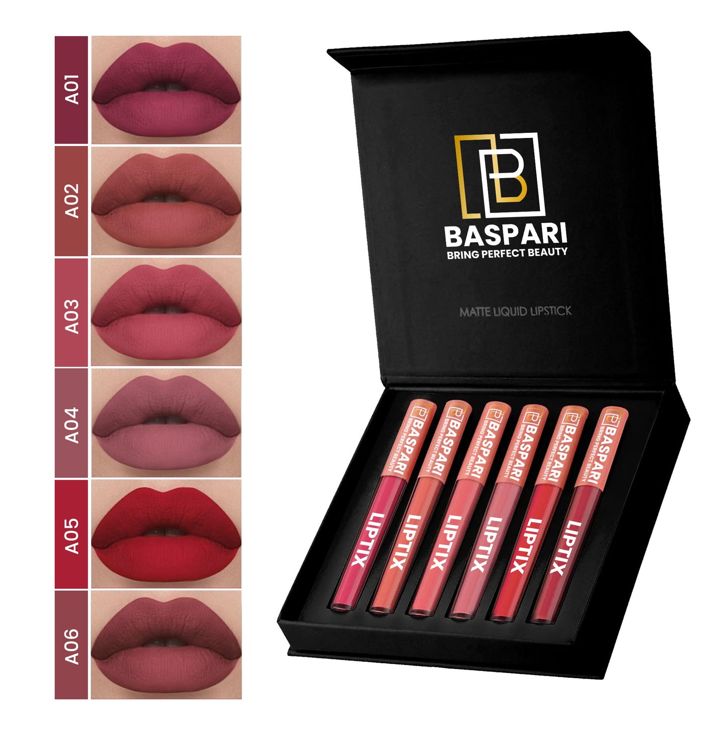 Baspari Matte LIPTIX - Liquid Lipstick Makeup Set of 6 Pcs