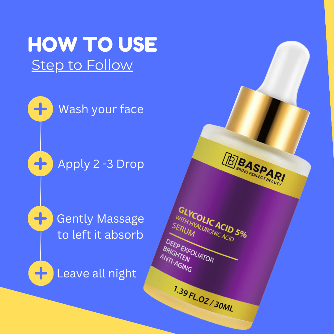 Baspari Glycolic Acid Serum 5% with Hyaluronic Acid Serum | Bright & Anti Dark Spot Face Serum, Instant Glow 30ml