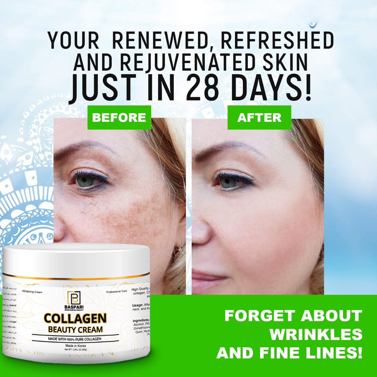 Baspari Pure Collagen Cream-Moisturizer Face & Body Skin Care Anti Aging Wrinkle Reducing Cream.