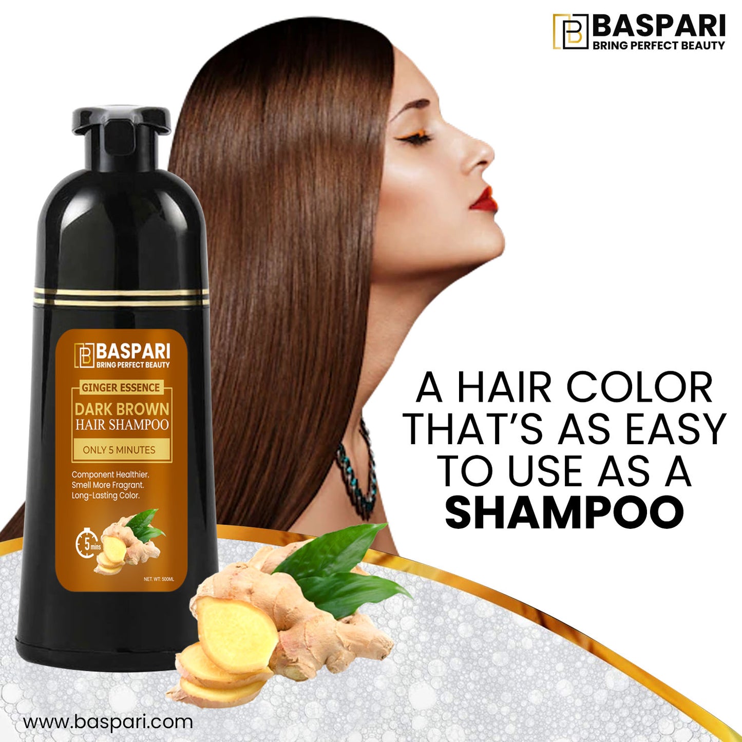 Baspari Ginger Hair color Dye Shampoo - Grey Hair Coverage Shampoo 500ml (Dark brown)