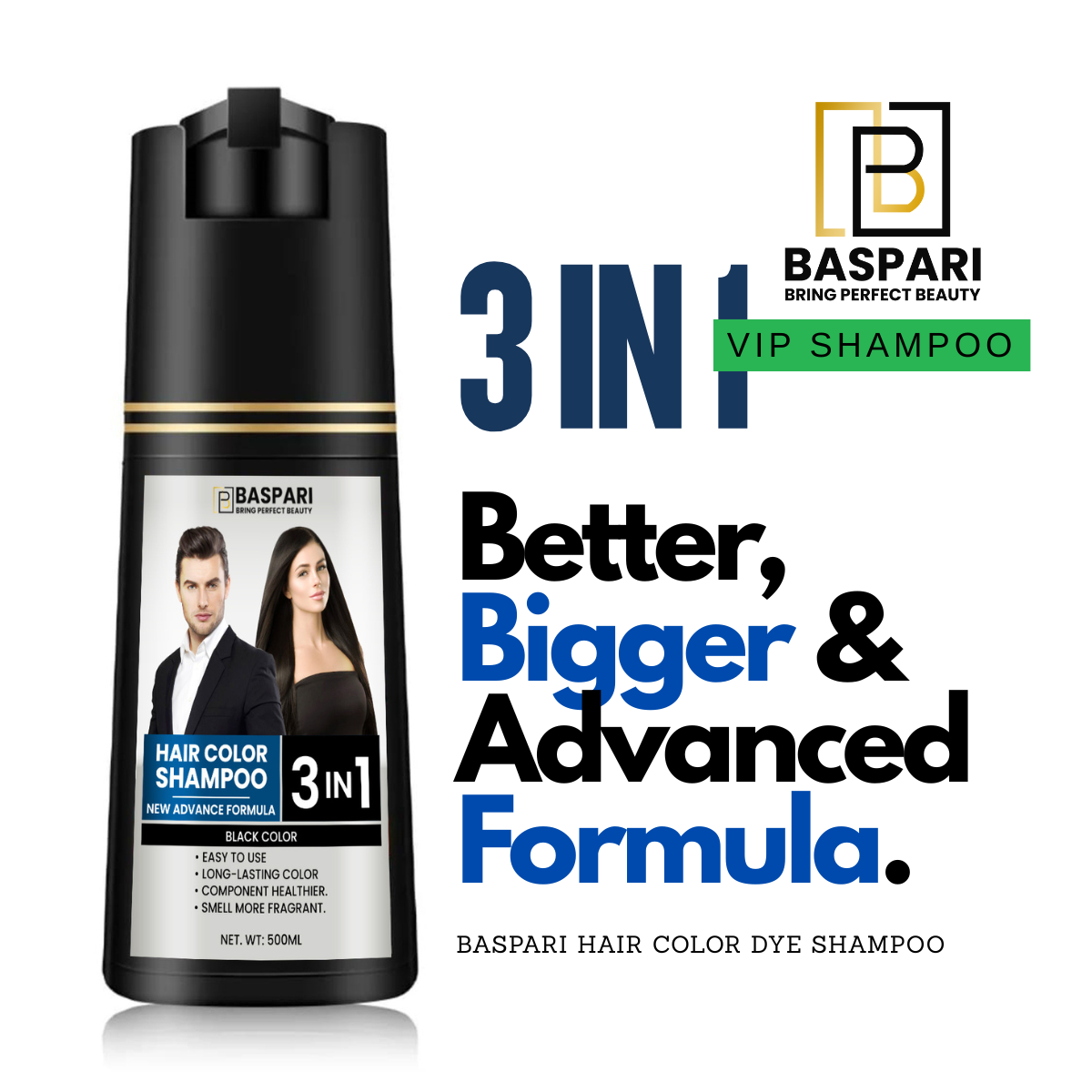 Baspari 3-in-1 Hair Color Dye Shampoo | Turns Grey to Black in 5 Minutes | Ammonia-Free | Shampoo + Color + Conditioner | Long-Lasting Natural Black | Easy Home Hair Dye for Men & Women (500ml)