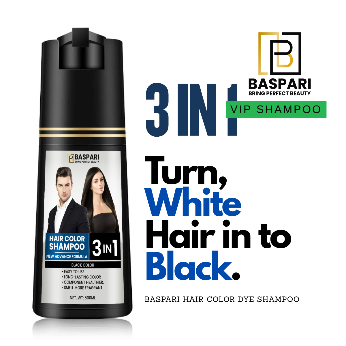 Baspari 3-in-1 Hair Color Dye Shampoo | Turns Grey to Black in 5 Minutes | Ammonia-Free | Shampoo + Color + Conditioner | Long-Lasting Natural Black | Easy Home Hair Dye for Men & Women (500ml)