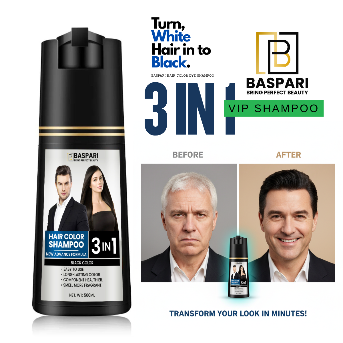 Baspari 3-in-1 Hair Color Dye Shampoo | Turns Grey to Black in 5 Minutes | Ammonia-Free | Shampoo + Color + Conditioner | Long-Lasting Natural Black | Easy Home Hair Dye for Men & Women (500ml)