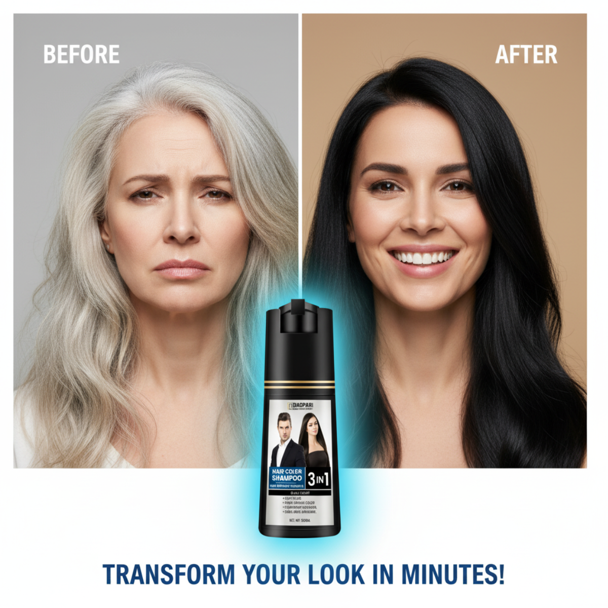 Baspari 3 in 1 Hair Color Dye Shampoo - Best Natural Hair Dye Shampoo for All Hair Types for womens 500ml