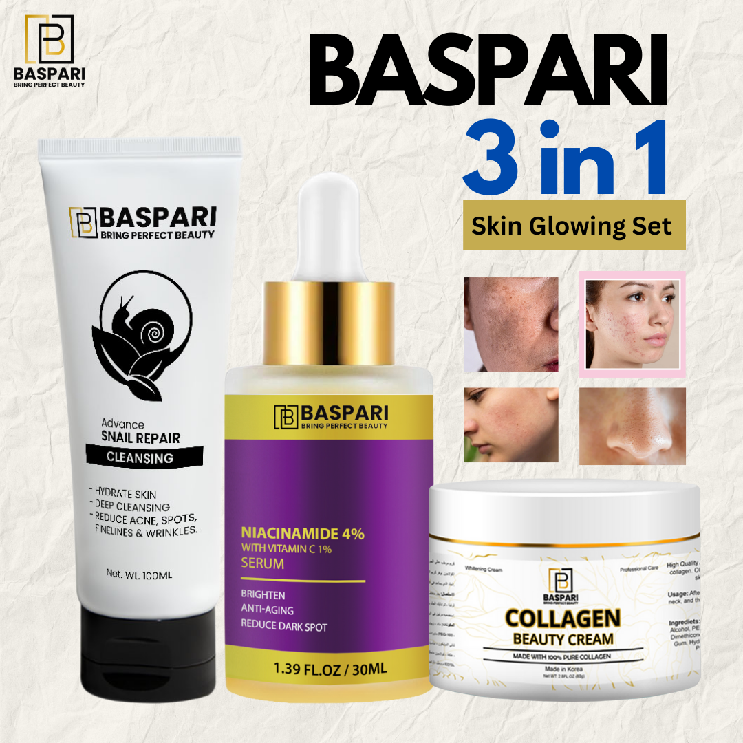 Trio Set Pack- Baspari Pure Collagen Cream & Baspari Pure Mucin Snail Cleanser & Niacinamide Serum 4%