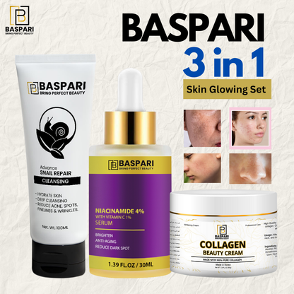 Trio Set Pack- Baspari Pure Collagen Cream & Baspari Pure Mucin Snail Cleanser & Niacinamide Serum 4%