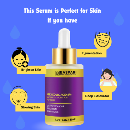 Baspari Glycolic Acid Serum 5% with Hyaluronic Acid Serum | Bright & Anti Dark Spot Face Serum, Instant Glow 30ml
