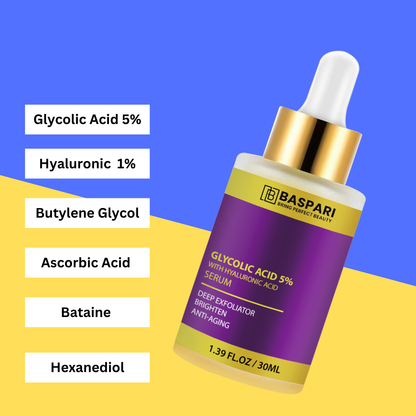 Baspari Glycolic Acid Serum 5% with Hyaluronic Acid Serum | Bright & Anti Dark Spot Face Serum, Instant Glow 30ml