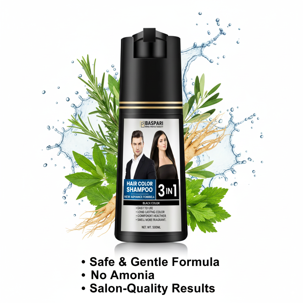 Baspari 3-in-1 Hair Color Dye Shampoo | Turns Grey to Black in 5 Minutes | Ammonia-Free | Shampoo + Color + Conditioner | Long-Lasting Natural Black | Easy Home Hair Dye for Men & Women (500ml)