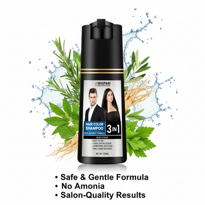 Baspari 3-in-1 Hair Color Dye Shampoo | Turns Grey to Black in 5 Minutes | Ammonia-Free | Shampoo + Color + Conditioner | Long-Lasting Natural Black | Easy Home Hair Dye for Men & Women (500ml)