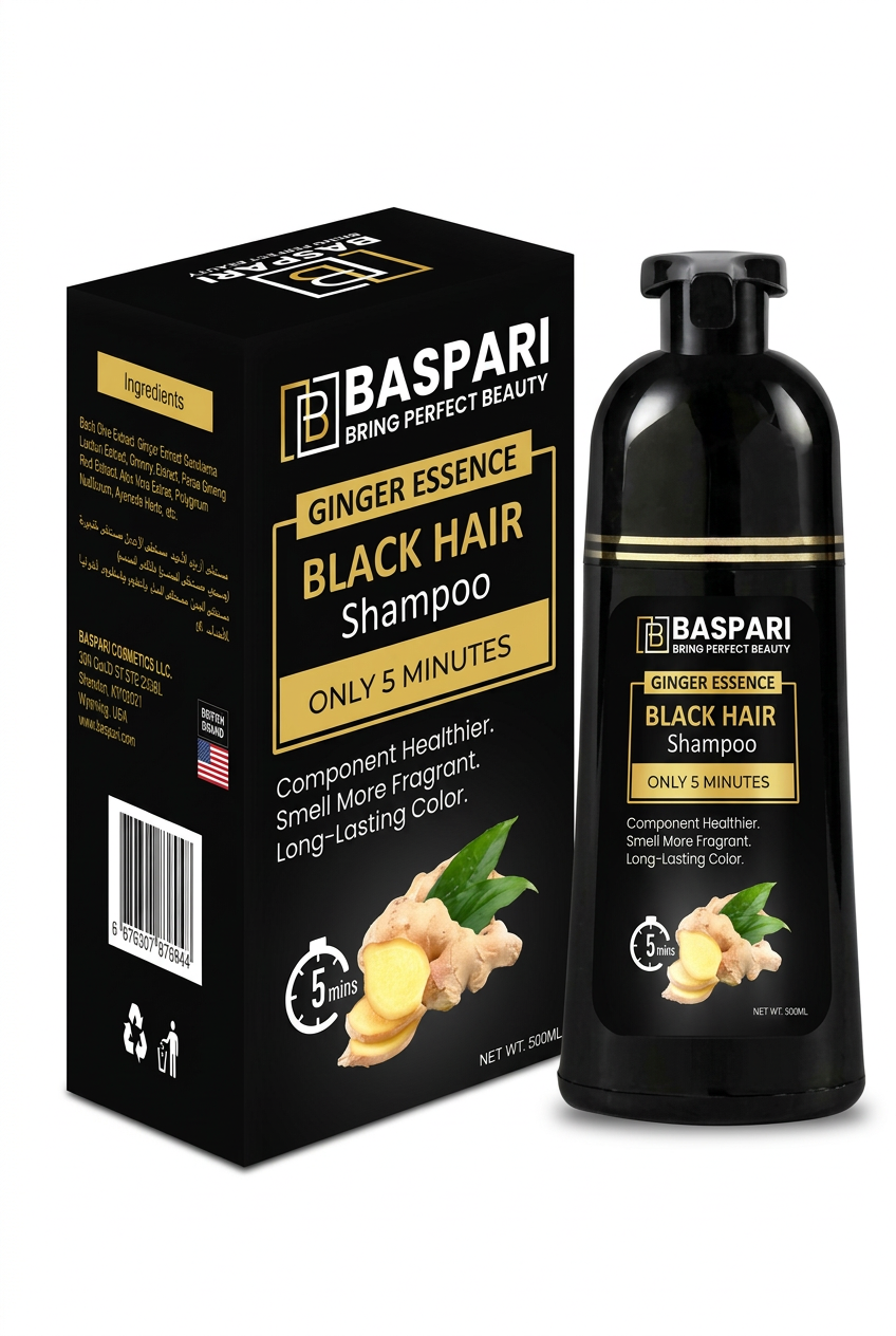Baspari shampoo with a white background and polished studio lighting