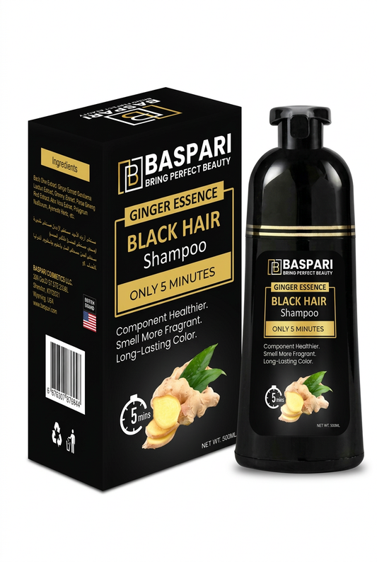 Baspari shampoo with a white background and polished studio lighting