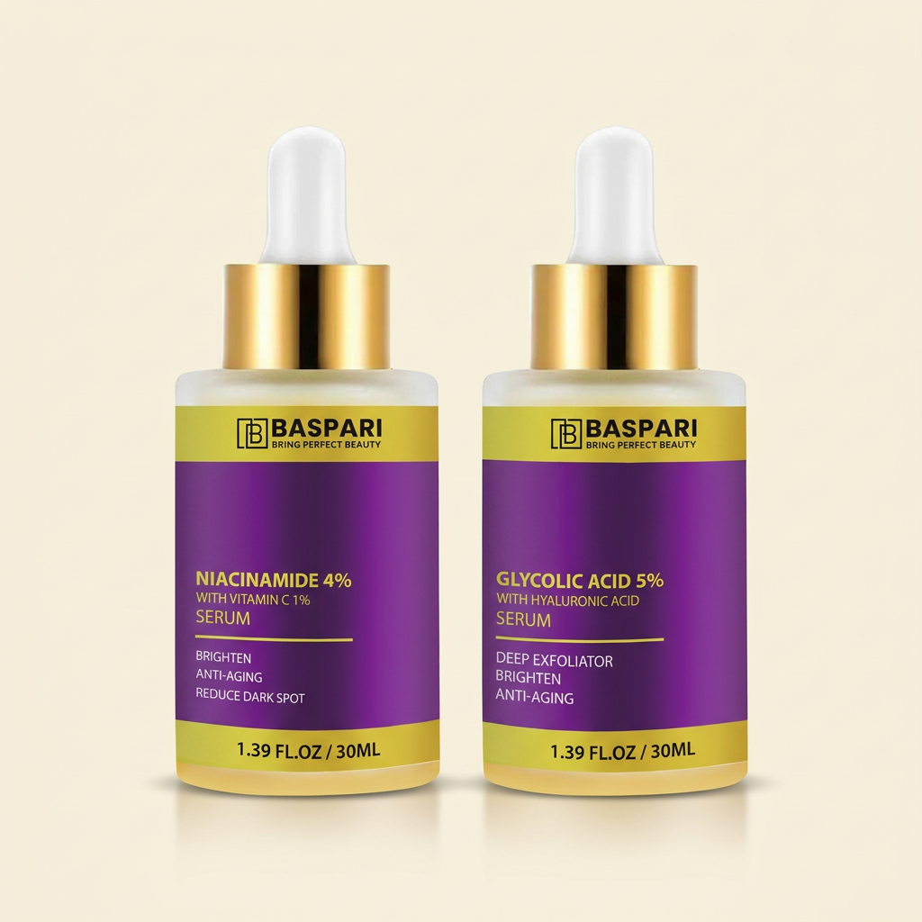 Baspari Niacinamide 4% and Glycolic Acid 5% serum duo, two 30ml bottles