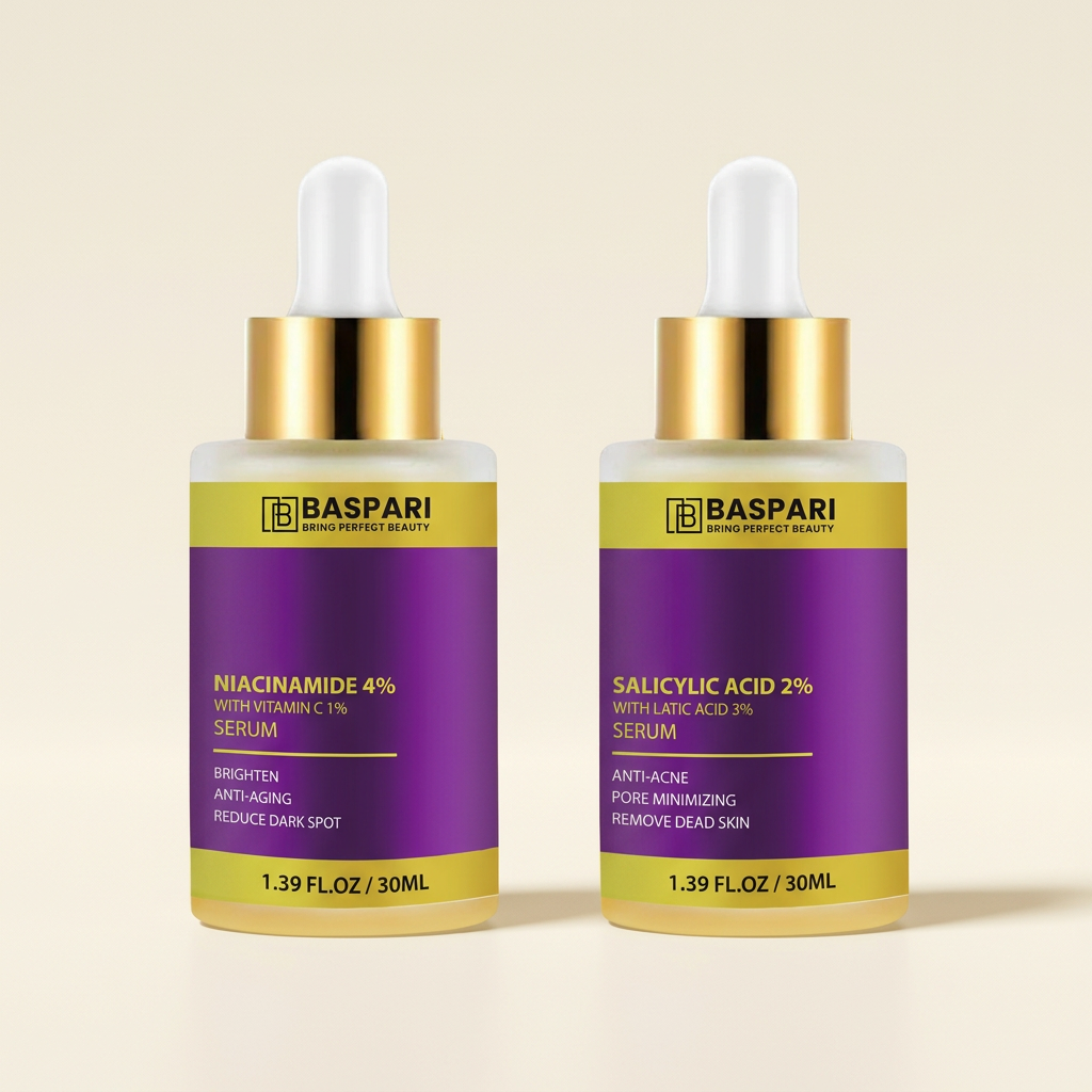 Baspari Niacinamide and Salicylic Acid serum duo, two 30ml bottles
