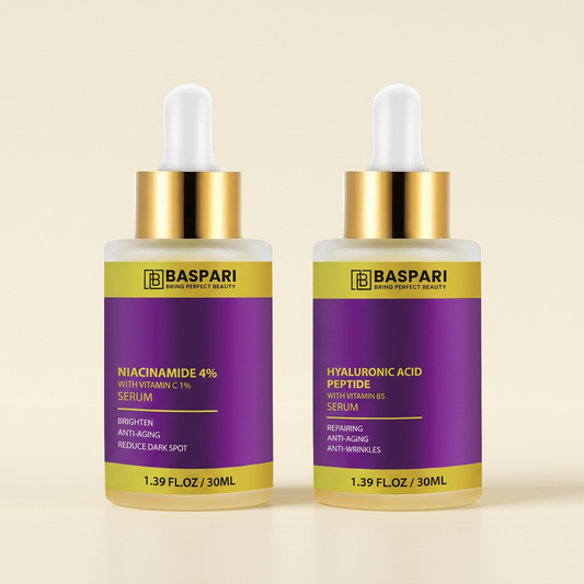 Baspari Niacinamide and Hyaluronic Acid Peptide serum duo, two 30ml bottles